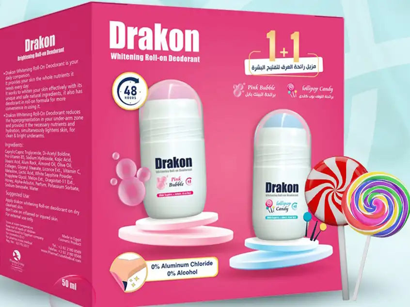 Drakon Whitening Roll-On Deodorant 48h Offer (1+1) Pink Bubble & Lollipop Candy 50ml