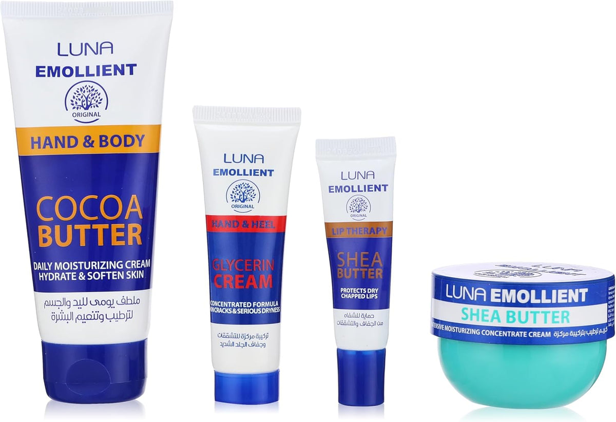 Luna Emollient Bundle Promo Bag 10% Off ( Luna Emollient Shea Butter 50gm + Luna Emollient Hand & Body With Coca Butter 75gm + Luna Emollient Hand & Heel With Glycerin Cream 20gm + Luna Emollient Lip Therapy With Shea Butter 10gm ) - 4Pcs